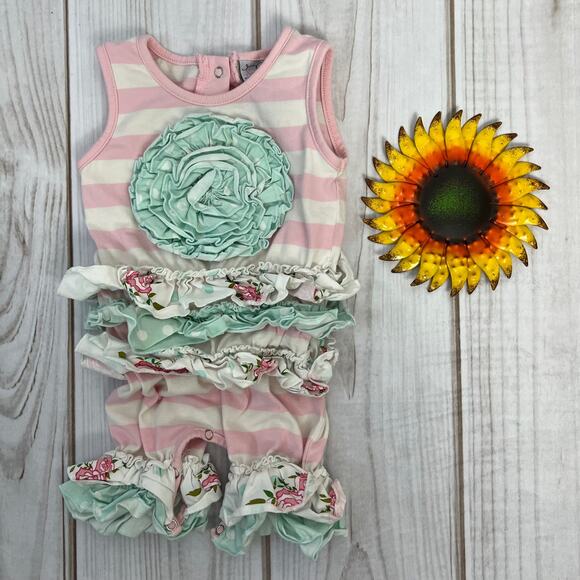 Serendipity Clothing Co Baby Girl Pink Stripe Ruffle Romper Summer Outfit 12M - Picture 1 of 3